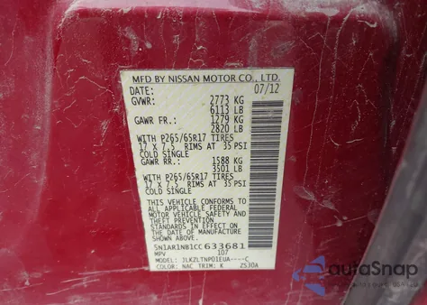 2012 Nissan Pathfinder Sv z USA, uszkodzony, nr VIN 5N1AR1NB1CC633681